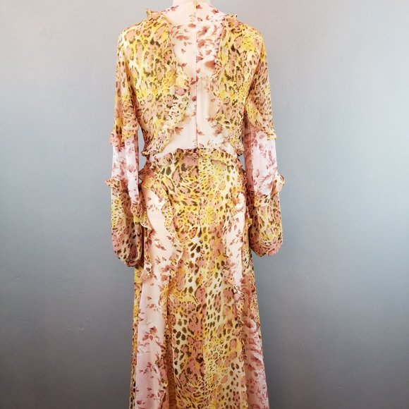 Bardot Blush & Yellow Print Frill Ruffle A Line Maxi Dress Size Medium NEW - Picture 6 of 11